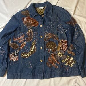 Breckenridge Jacket Blue Denim Button Up Earthtone Embroided Floral PM